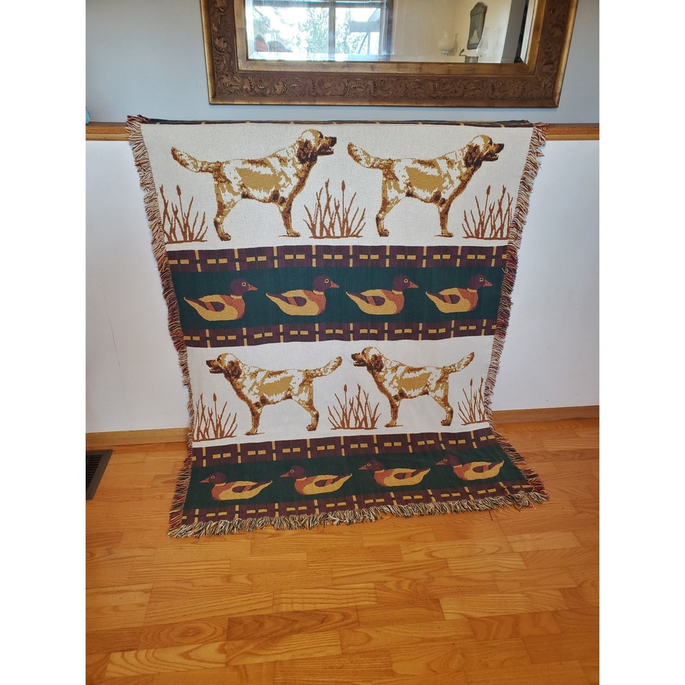 Vintage Woven Tapestry Throw Blanket Hunting Dog Mallard Duck Lodge Decor Green